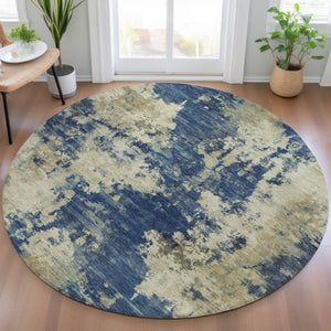 HomeRoots 5' Abstract Navy Blue and Beige Area Rug - Durable, Washable for Indoor and Outdoor Use, Stylish Design 8' Round 630695