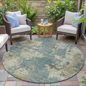 HomeRoots 5' Teal Blue and Beige Abstract Area Rug – Durable, Washable Design for Indoor and Outdoor Use 8' Round 630707