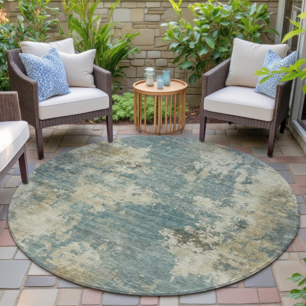 HomeRoots 5' Teal Blue and Beige Abstract Area Rug – Durable, Washable Design for Indoor and Outdoor Use 8' Round 630707