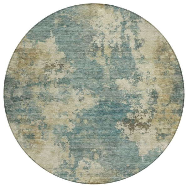 HomeRoots 5' Teal Blue and Beige Abstract Area Rug – Durable, Washable Design for Indoor and Outdoor Use 8' Round 630707