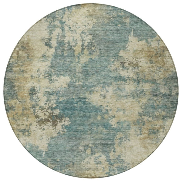 HomeRoots 5' Teal Blue and Beige Abstract Area Rug – Durable, Washable Design for Indoor and Outdoor Use 8' Round 630707
