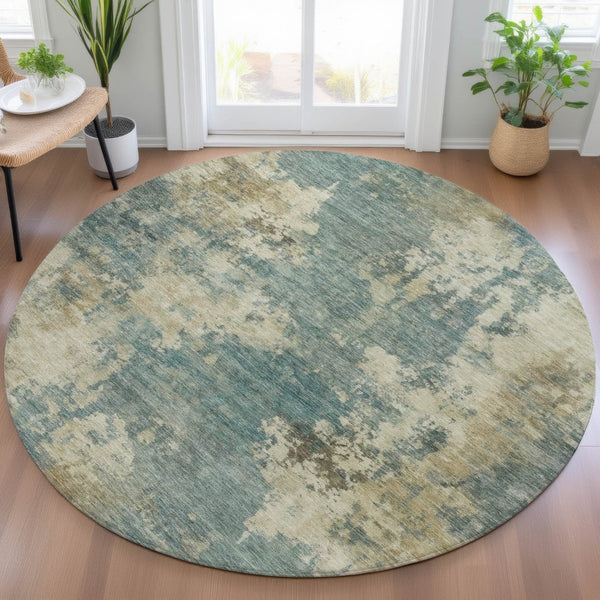 HomeRoots 5' Teal Blue and Beige Abstract Area Rug – Durable, Washable Design for Indoor and Outdoor Use 8' Round 630707