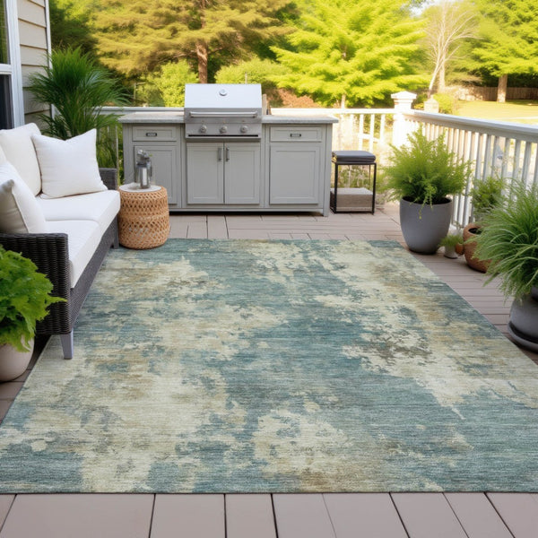 HomeRoots 5' Teal Blue and Beige Abstract Area Rug – Durable, Washable Design for Indoor and Outdoor Use 8' X 10' 630708