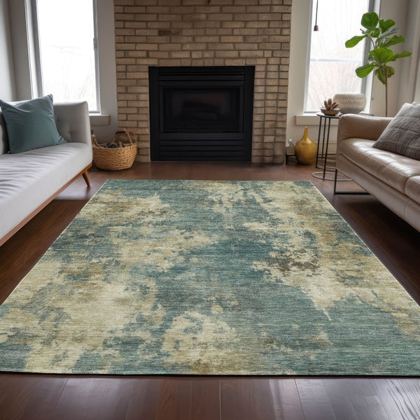 HomeRoots 5' Teal Blue and Beige Abstract Area Rug – Durable, Washable Design for Indoor and Outdoor Use 8' X 10' 630708