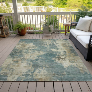 HomeRoots 5' Teal Blue and Beige Abstract Area Rug – Durable, Washable Design for Indoor and Outdoor Use 8' X 10' 630708