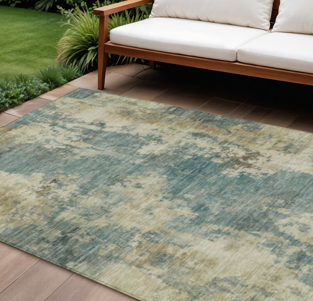 HomeRoots 5' Teal Blue and Beige Abstract Area Rug – Durable, Washable Design for Indoor and Outdoor Use 10' X 14' 630710