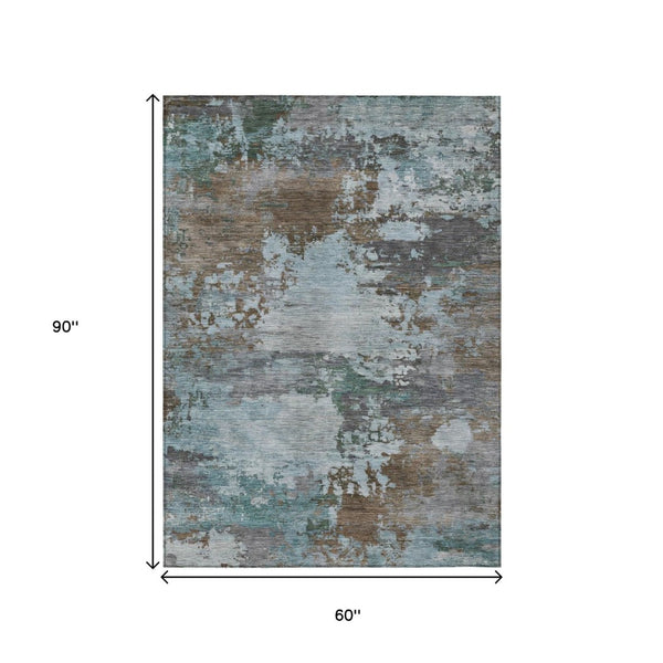 HomeRoots 5' Brown and Blue Abstract Area Rug – Stylish, Durable, Washable Indoor/Outdoor Rug for All Spaces 5' X 8' 630718