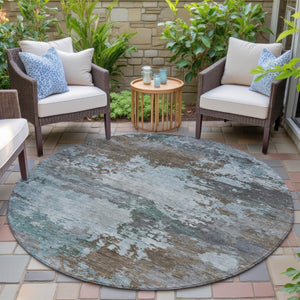 HomeRoots 5' Brown and Blue Abstract Area Rug – Stylish, Durable, Washable Indoor/Outdoor Rug for All Spaces 8' Round 630719