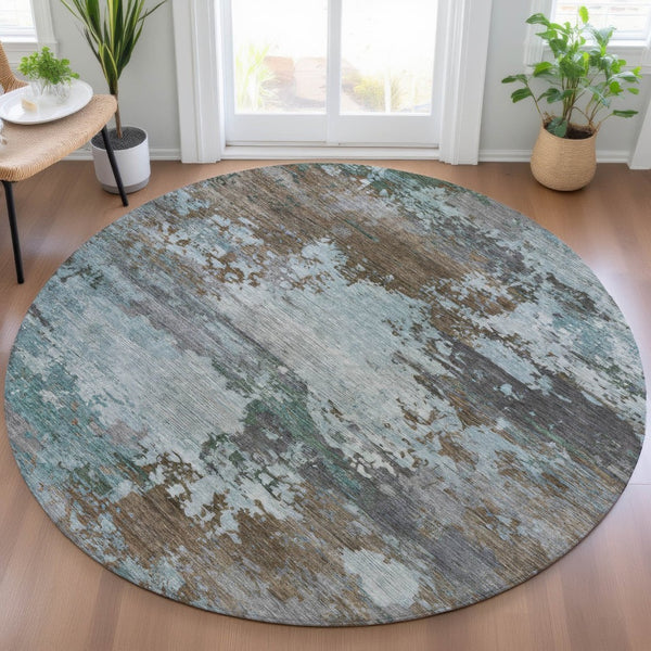 HomeRoots 5' Brown and Blue Abstract Area Rug – Stylish, Durable, Washable Indoor/Outdoor Rug for All Spaces 8' Round 630719