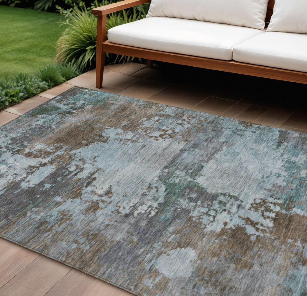 HomeRoots 5' Brown and Blue Abstract Area Rug – Stylish, Durable, Washable Indoor/Outdoor Rug for All Spaces 10' X 14' 630722