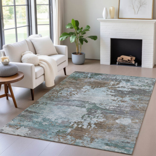 HomeRoots 5' Brown and Blue Abstract Area Rug – Stylish, Durable, Washable Indoor/Outdoor Rug for All Spaces 10' X 14' 630722