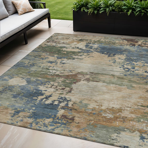 HomeRoots 5' Washable Indoor/Outdoor Area Rug with Modern Abstract Blue, Green, and Beige Design for Any Space 5' X 8' 630724