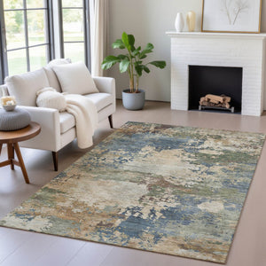 HomeRoots 5' Washable Indoor/Outdoor Area Rug with Modern Abstract Blue, Green, and Beige Design for Any Space 5' X 8' 630724