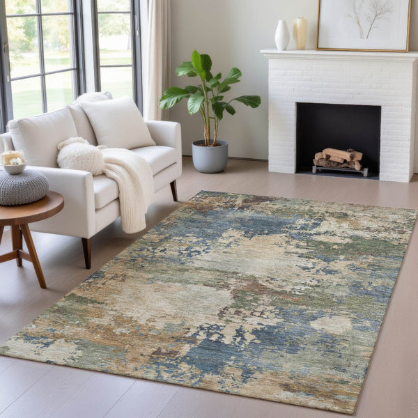 HomeRoots 5' Washable Indoor/Outdoor Area Rug with Modern Abstract Blue, Green, and Beige Design for Any Space 5' X 8' 630724