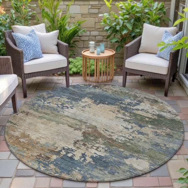 HomeRoots 5' Washable Indoor/Outdoor Area Rug with Modern Abstract Blue, Green, and Beige Design for Any Space 8' Round 630725