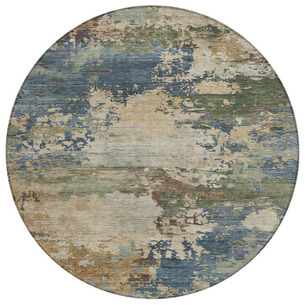 HomeRoots 5' Washable Indoor/Outdoor Area Rug with Modern Abstract Blue, Green, and Beige Design for Any Space 8' Round 630725