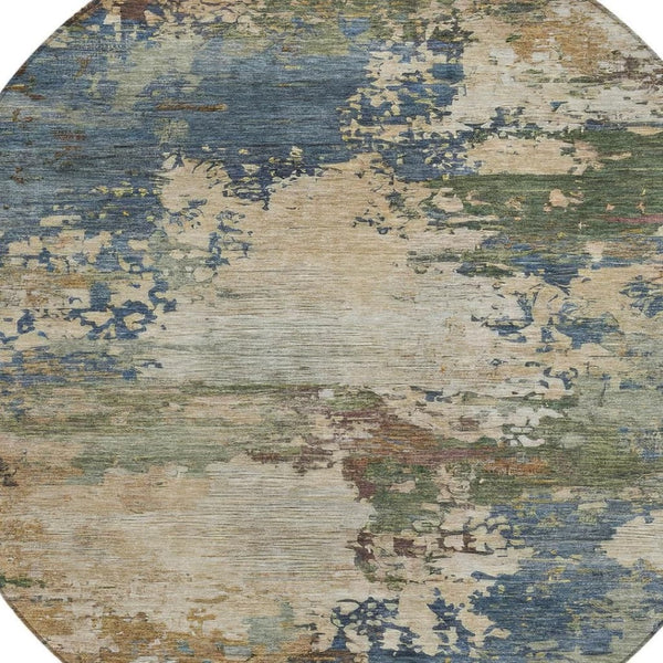HomeRoots 5' Washable Indoor/Outdoor Area Rug with Modern Abstract Blue, Green, and Beige Design for Any Space 8' Round 630725