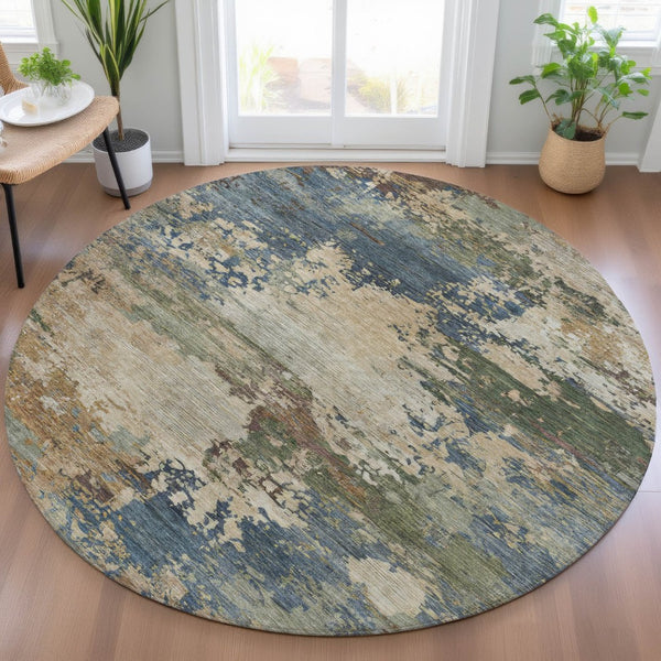 HomeRoots 5' Washable Indoor/Outdoor Area Rug with Modern Abstract Blue, Green, and Beige Design for Any Space 8' Round 630725