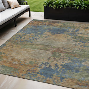 HomeRoots 5' Modern Abstract Denim Blue Beige Copper Area Rug – Washable, Stain Resistant for Indoor & Outdoor Use 5' X 8' 630730