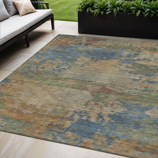 HomeRoots 5' Modern Abstract Denim Blue Beige Copper Area Rug – Washable, Stain Resistant for Indoor & Outdoor Use 5' X 8' 630730