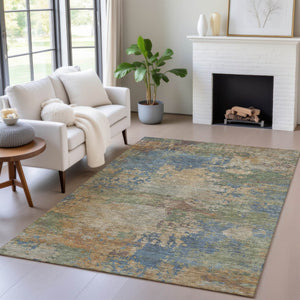 HomeRoots 5' Modern Abstract Denim Blue Beige Copper Area Rug – Washable, Stain Resistant for Indoor & Outdoor Use 5' X 8' 630730