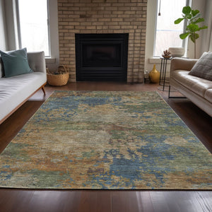 HomeRoots 5' Modern Abstract Denim Blue Beige Copper Area Rug – Washable, Stain Resistant for Indoor & Outdoor Use 5' X 8' 630730
