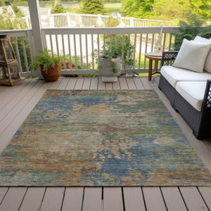 HomeRoots 5' Modern Abstract Denim Blue Beige Copper Area Rug – Washable, Stain Resistant for Indoor & Outdoor Use 5' X 8' 630730