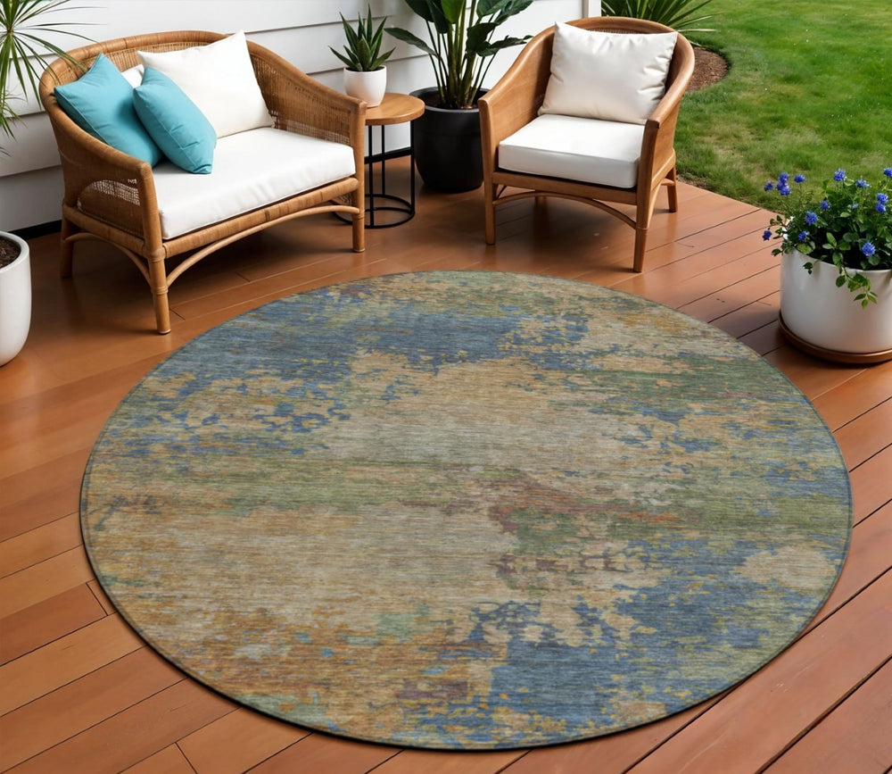 HomeRoots 5' Modern Abstract Denim Blue Beige Copper Area Rug – Washable, Stain Resistant for Indoor & Outdoor Use 8' Round 630731