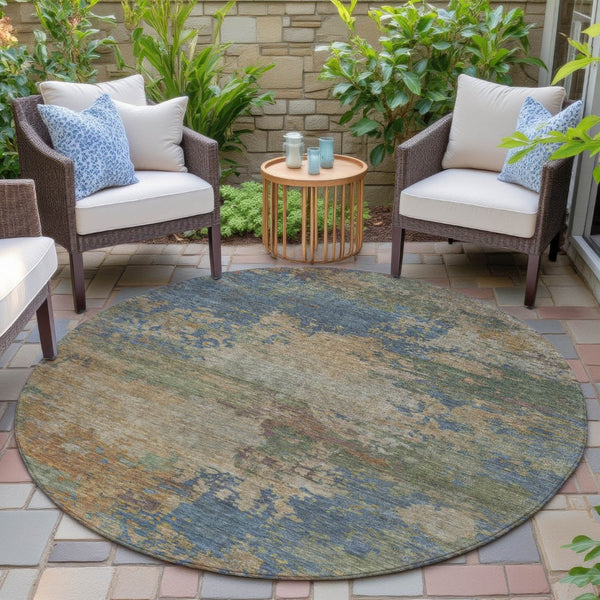 HomeRoots 5' Modern Abstract Denim Blue Beige Copper Area Rug – Washable, Stain Resistant for Indoor & Outdoor Use 8' Round 630731