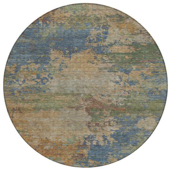 HomeRoots 5' Modern Abstract Denim Blue Beige Copper Area Rug – Washable, Stain Resistant for Indoor & Outdoor Use 8' Round 630731