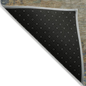 HomeRoots 5' Modern Abstract Denim Blue Beige Copper Area Rug – Washable, Stain Resistant for Indoor & Outdoor Use 8' Round 630731