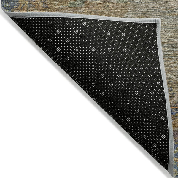 HomeRoots 5' Modern Abstract Denim Blue Beige Copper Area Rug – Washable, Stain Resistant for Indoor & Outdoor Use 8' Round 630731