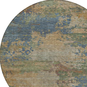 HomeRoots 5' Modern Abstract Denim Blue Beige Copper Area Rug – Washable, Stain Resistant for Indoor & Outdoor Use 8' Round 630731