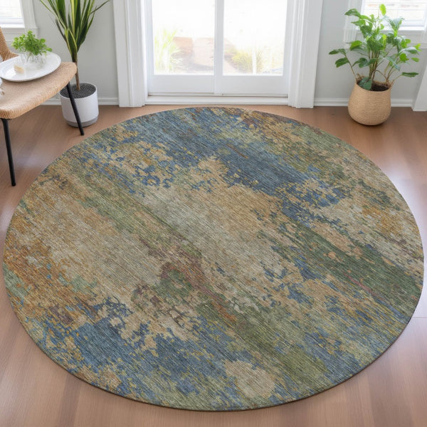 HomeRoots 5' Modern Abstract Denim Blue Beige Copper Area Rug – Washable, Stain Resistant for Indoor & Outdoor Use 8' Round 630731