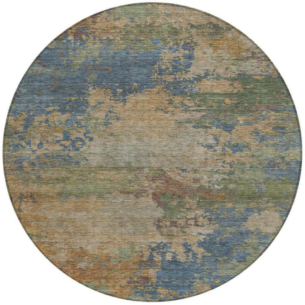 HomeRoots 5' Modern Abstract Denim Blue Beige Copper Area Rug – Washable, Stain Resistant for Indoor & Outdoor Use 8' Round 630731