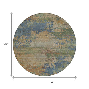 HomeRoots 5' Modern Abstract Denim Blue Beige Copper Area Rug – Washable, Stain Resistant for Indoor & Outdoor Use 8' Round 630731
