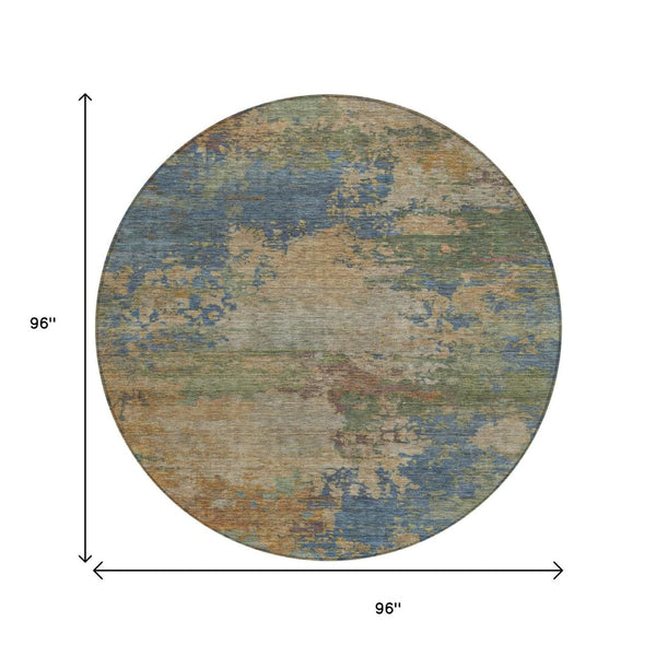 HomeRoots 5' Modern Abstract Denim Blue Beige Copper Area Rug – Washable, Stain Resistant for Indoor & Outdoor Use 8' Round 630731