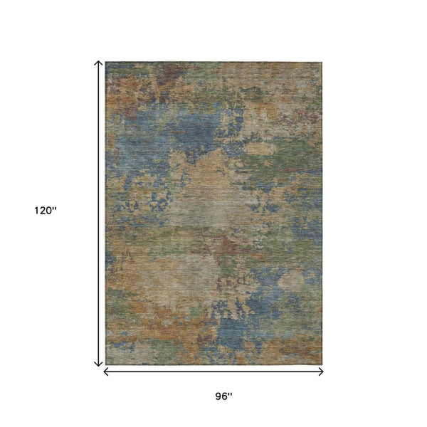 HomeRoots 5' Modern Abstract Denim Blue Beige Copper Area Rug – Washable, Stain Resistant for Indoor & Outdoor Use 8' X 10' 630732
