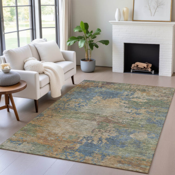 HomeRoots 5' Modern Abstract Denim Blue Beige Copper Area Rug – Washable, Stain Resistant for Indoor & Outdoor Use 8' X 10' 630732