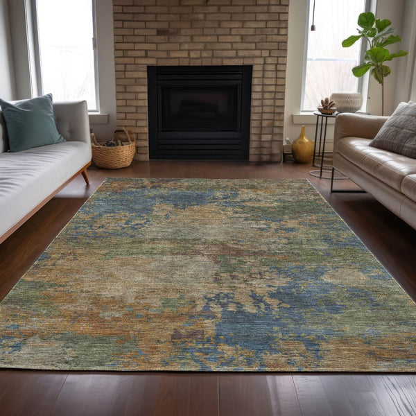 HomeRoots 5' Modern Abstract Denim Blue Beige Copper Area Rug – Washable, Stain Resistant for Indoor & Outdoor Use 8' X 10' 630732