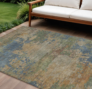 HomeRoots 5' Modern Abstract Denim Blue Beige Copper Area Rug – Washable, Stain Resistant for Indoor & Outdoor Use 9' X 12' 630733