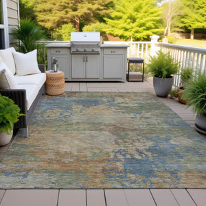 HomeRoots 5' Modern Abstract Denim Blue Beige Copper Area Rug – Washable, Stain Resistant for Indoor & Outdoor Use 9' X 12' 630733