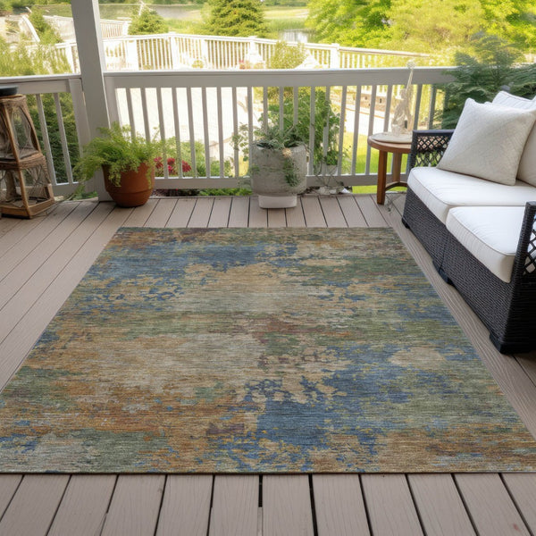 HomeRoots 5' Modern Abstract Denim Blue Beige Copper Area Rug – Washable, Stain Resistant for Indoor & Outdoor Use 9' X 12' 630733