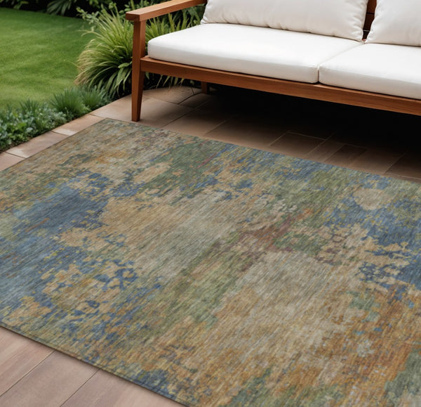 HomeRoots 5' Modern Abstract Denim Blue Beige Copper Area Rug – Washable, Stain Resistant for Indoor & Outdoor Use 10' X 14' 630734