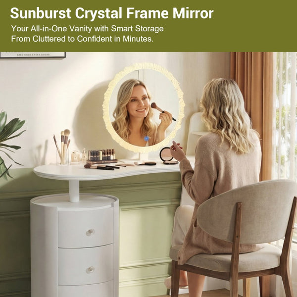 English Elm Modern Minimalist Vanity with Lighted Mirror Three Drawers and Cylindrical Side Cabinet W3767S00003