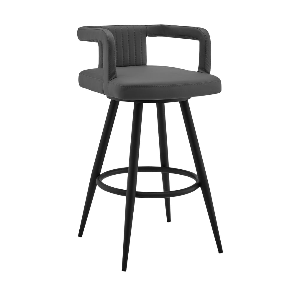 English Elm Calden 30" Gray Faux Leather Swivel Bar Stool with Padded Channel Back, Metal Frame & Footrest B2736P354386