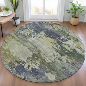 HomeRoots 5' Abstract Area Rug in Purple, Olive Green & Taupe - Durable, Washable for Indoor & Outdoor Use 8' Round 630743