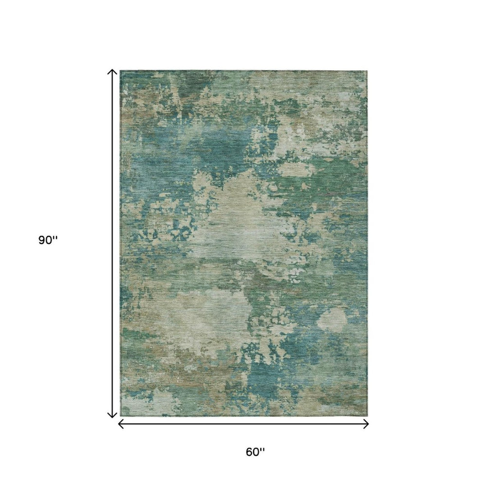 HomeRoots 5' Abstract Washable Rug in Teal, Beige & Denim Blue – Stylish, Durable for Indoor & Outdoor Spaces 5' X 8' 630748