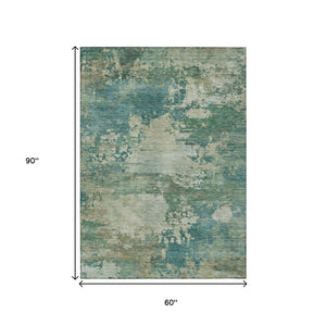HomeRoots 5' Abstract Washable Rug in Teal, Beige & Denim Blue – Stylish, Durable for Indoor & Outdoor Spaces 5' X 8' 630748