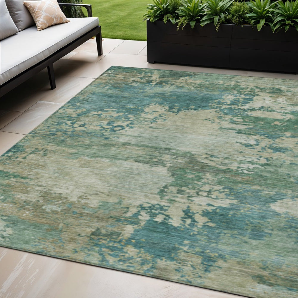 HomeRoots 5' Abstract Washable Rug in Teal, Beige & Denim Blue – Stylish, Durable for Indoor & Outdoor Spaces 5' X 8' 630748